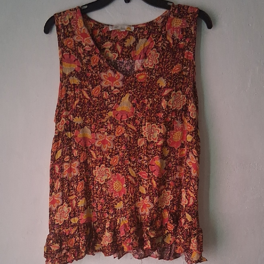 C&C California Orange Sleeveless Ruffled Blouse
